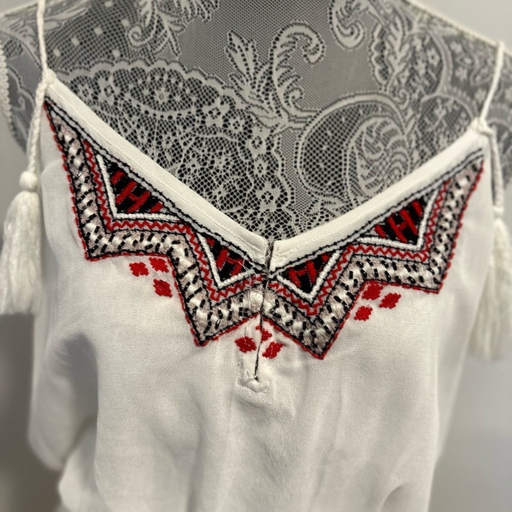 Free People Sz:L White Chiffon Flowy Boho Summer Dress Aztec Tribal Embroidery. - Picture 13 of 15